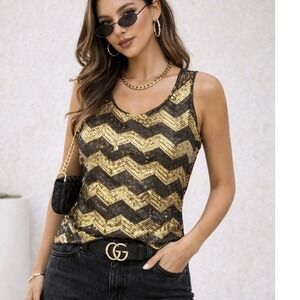 Coldwater Creek Womens Gold Sequin Chevron Tank Top Size M Glam Statement Boho